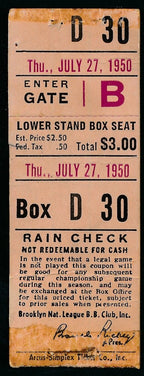 July 27, 1950 Baseball Game Full Ticket Cubs vs. Dodgers Jackie Robinson 176126