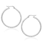 14k White Gold Tube Textured Round Hoop Earrings