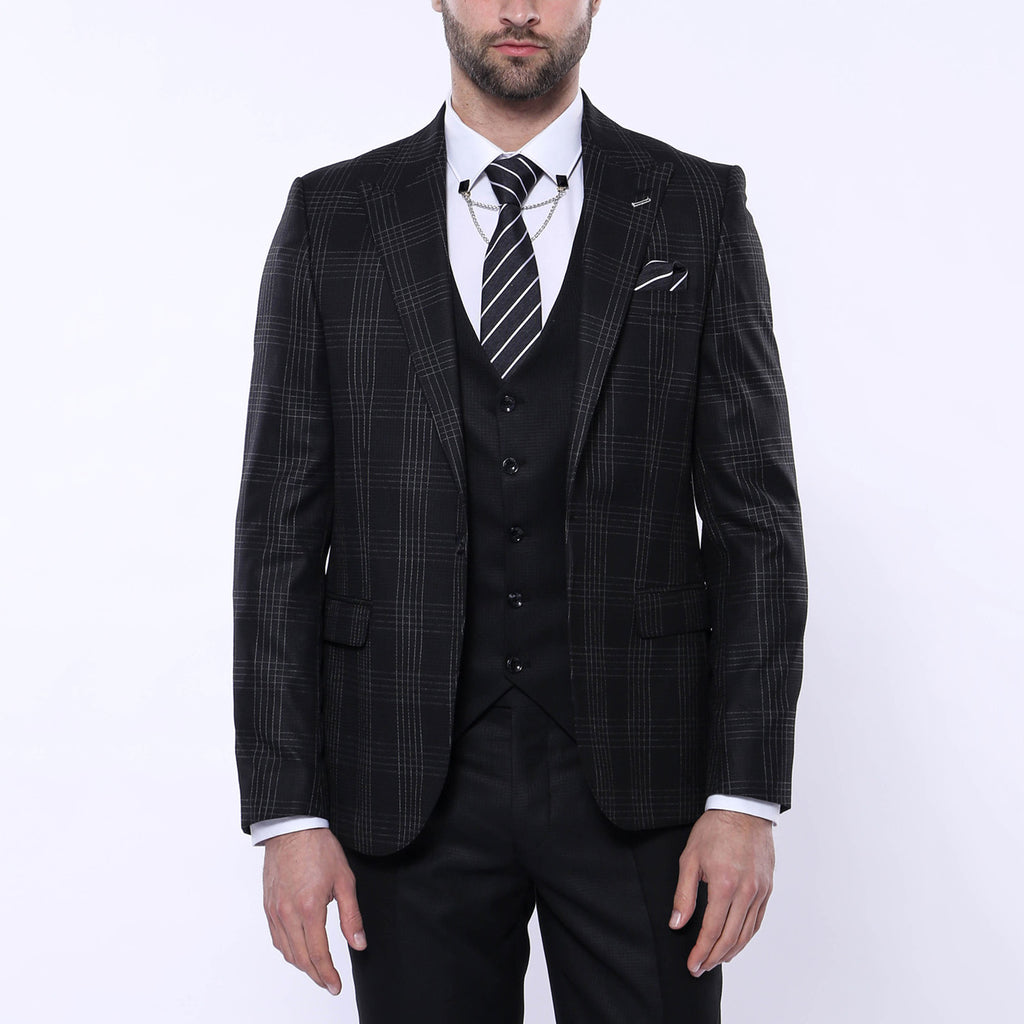 Levi 3-Piece Checkered Slim Fit Suit // Black