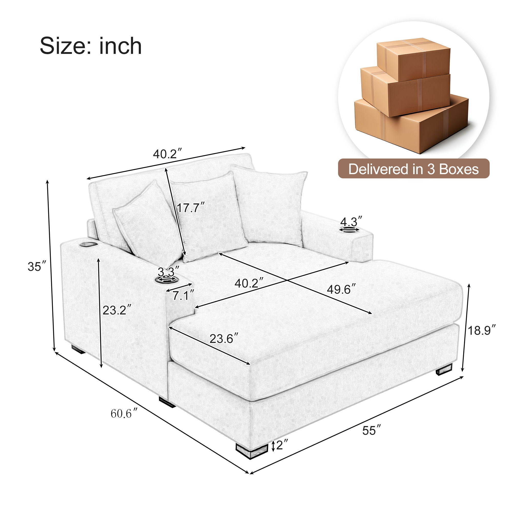 Oversized Chaise Lounger, With Pillows, Cup Holders