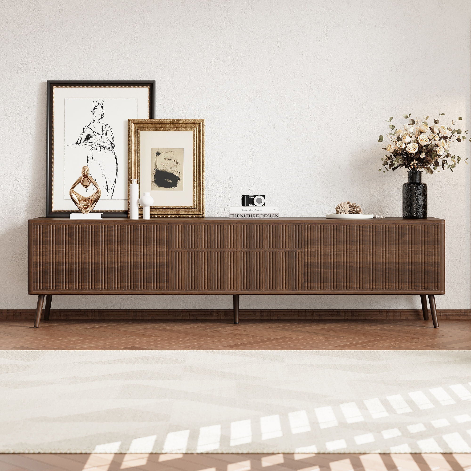Fluted TV Stand With Storage Drawers And Cabinets For TVs Up - Walnut