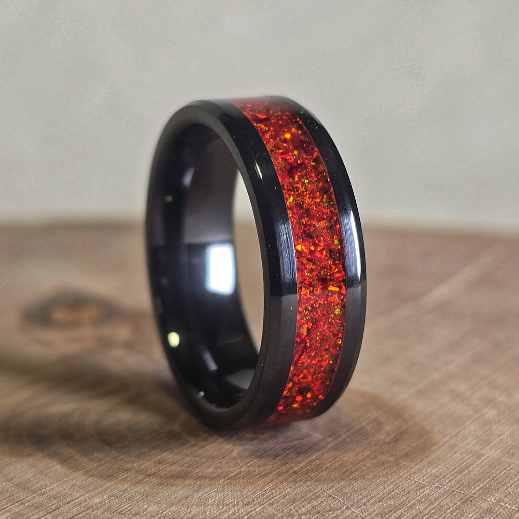Black Carbide Ring // with Red Crimson Opal // 8mm Width