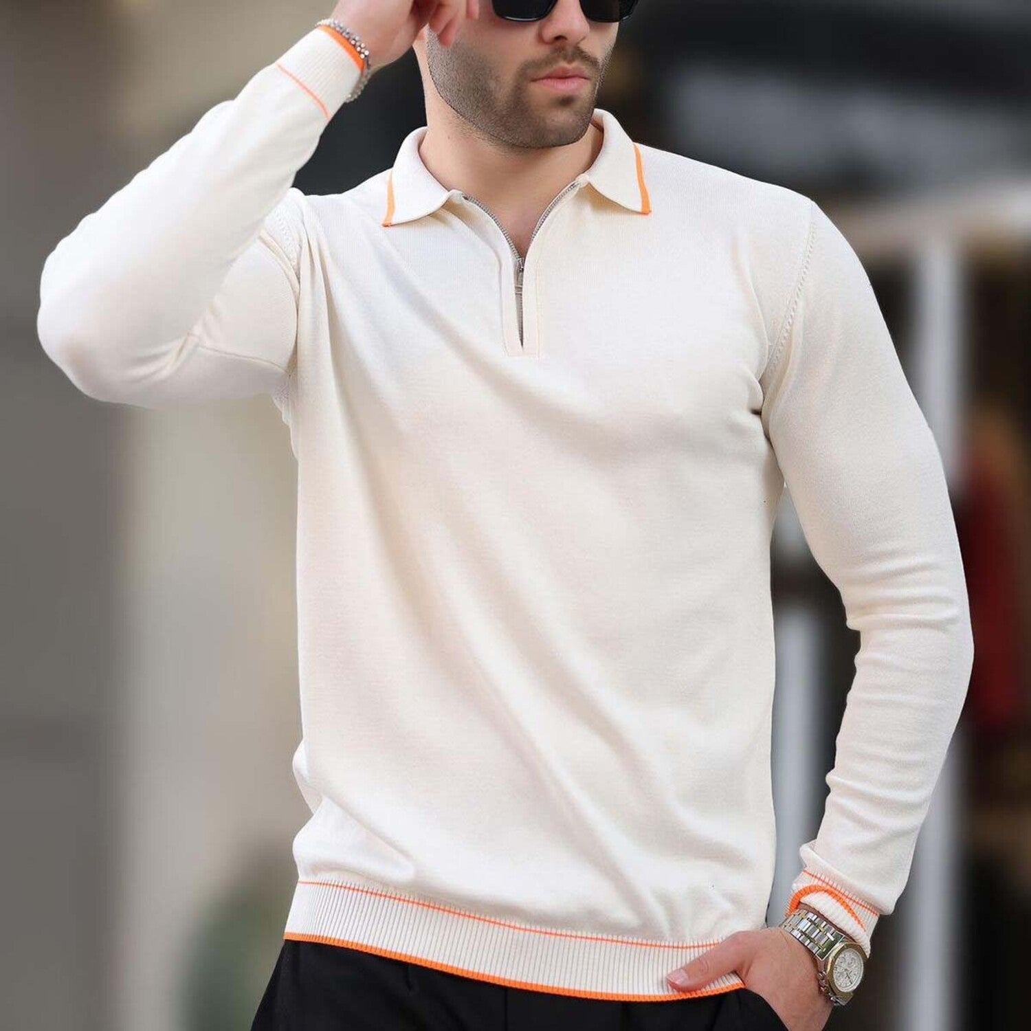 Quarter-Zip Tipped Polo Sweater // White + Orange