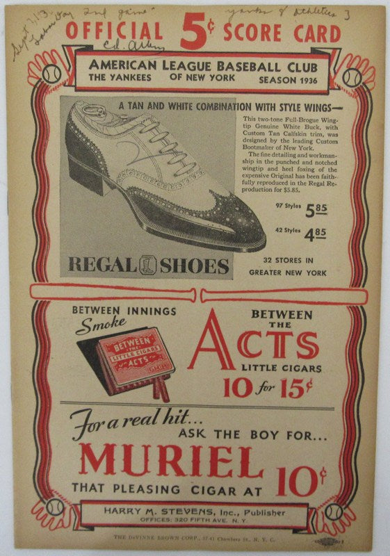 September 7, 1936 Vintage Baseball Program NY Yankees vs. Philadelphia 183116