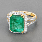 IGI Certified 6.96 Carat Genuine Zambian Emerald and White Diamond 14K Yellow Gold Ring