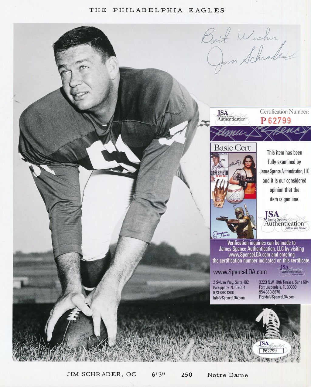 Jim Schrader Eagles Redskins Notre Dame RARE Signed  8x10 Photo JSA 156984