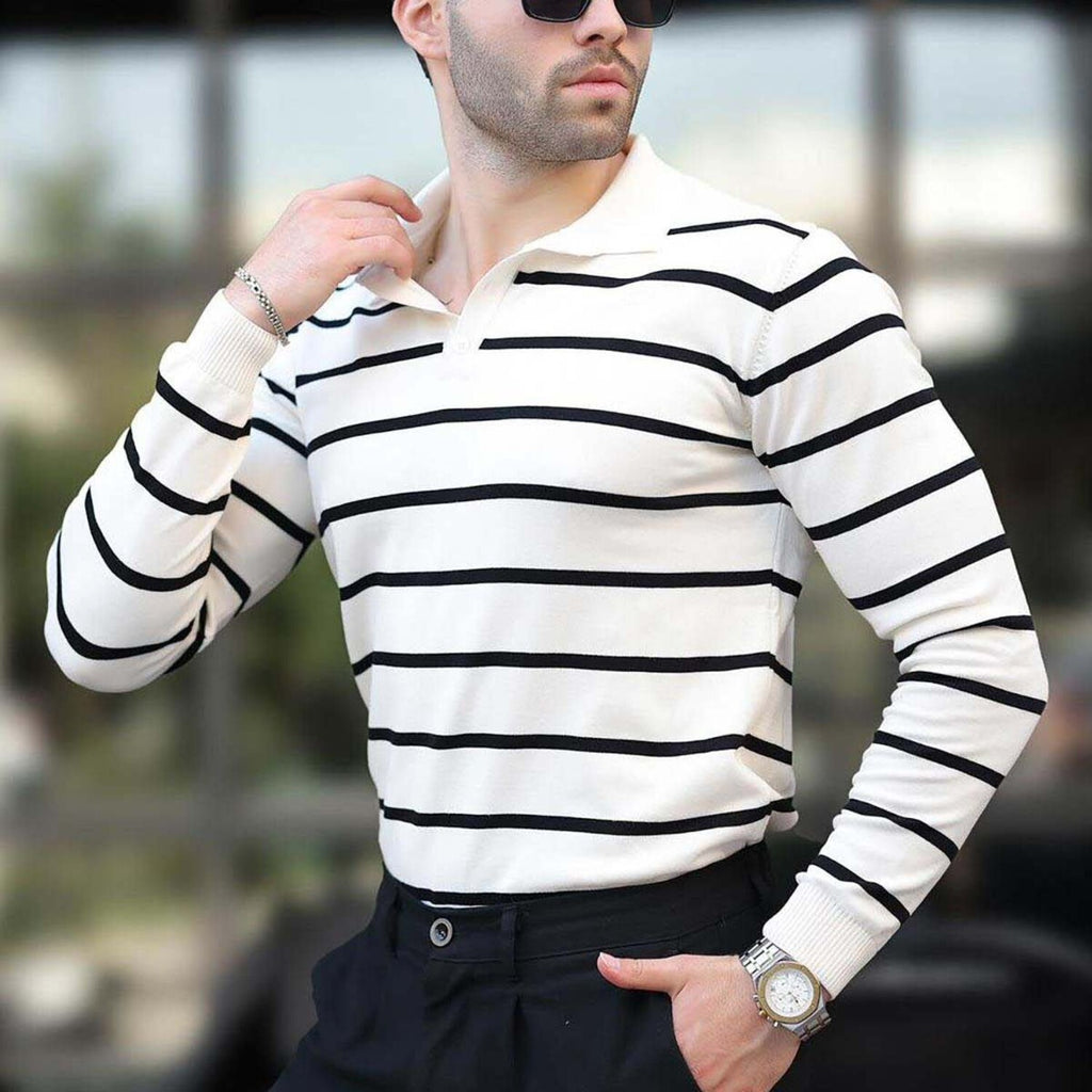 Striped Polo Sweater // White