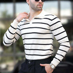 Striped Polo Sweater // White