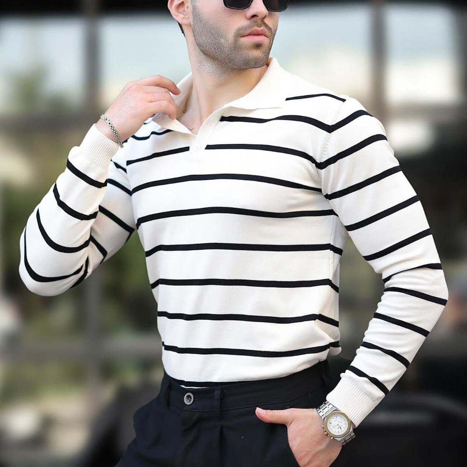 Striped Polo Sweater // White