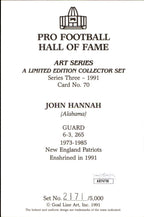 John Hannah HOF Autographed/Inscr Goal Line Art GLAC Postcard Patriots JSA