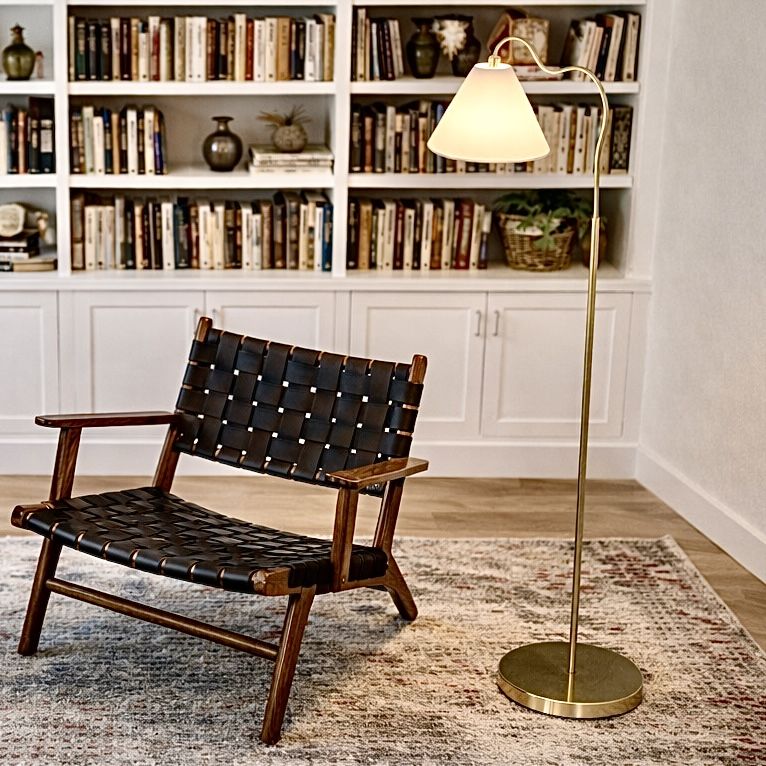 Majestic - Ring Base Curved Floor Lamp With Triangle Drum - Gold / White