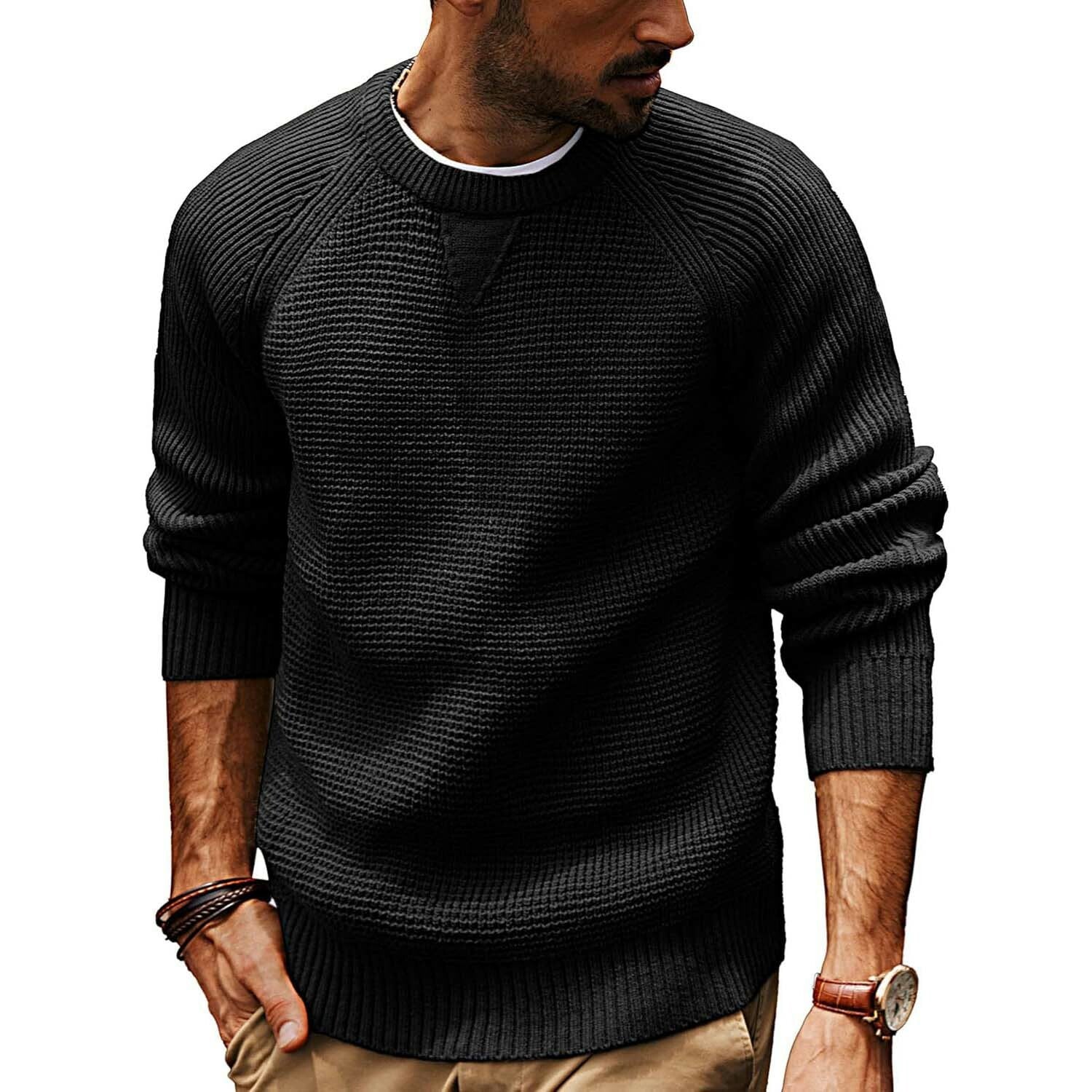 Crewneck Waffle Knit Sweater // Black
