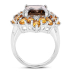 6.72 Carat Genuine Smoky Quartz, Citrine and White Diamond .925 Sterling Silver Ring
