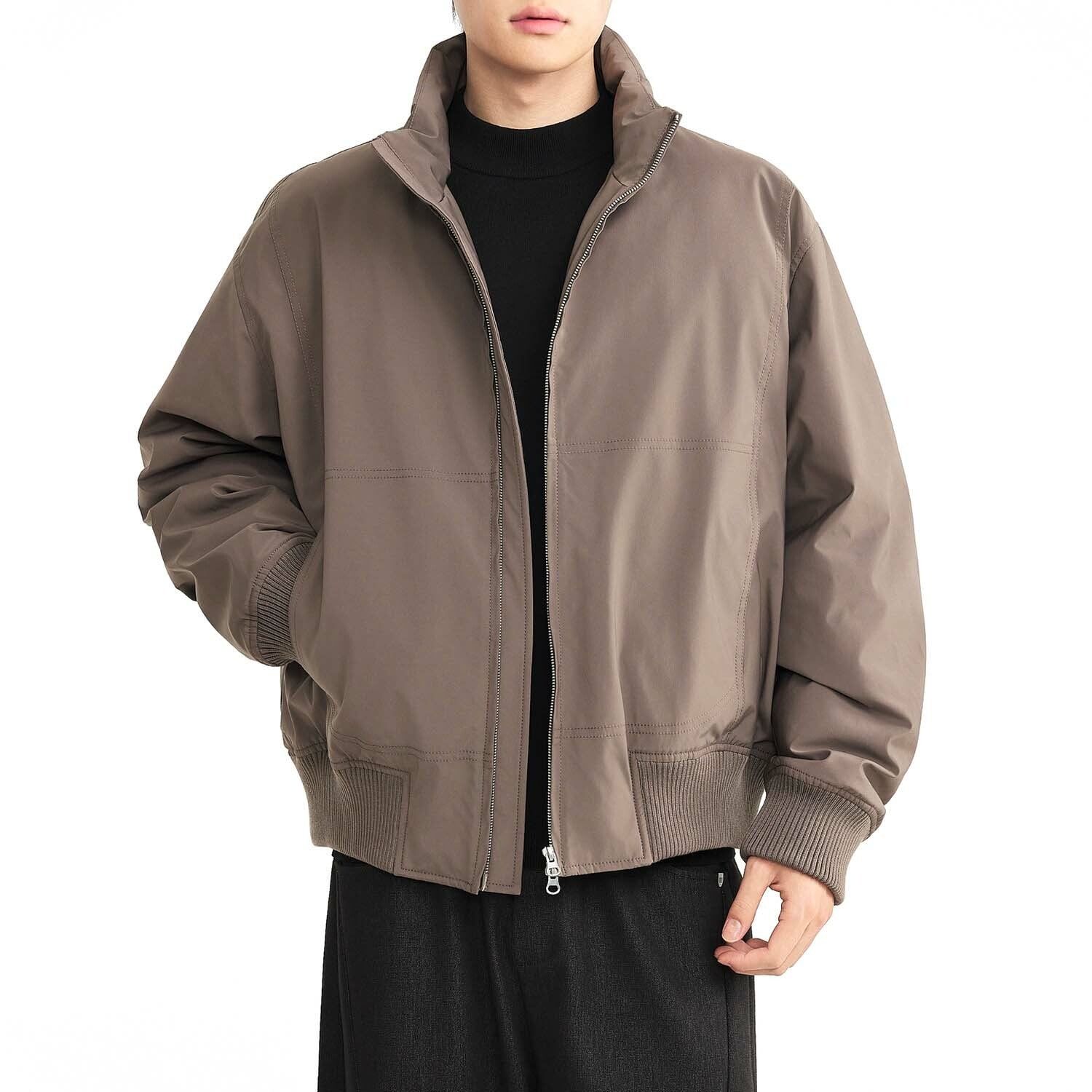 Zip-Up High Neck Bomber Jacket // Gray Brown