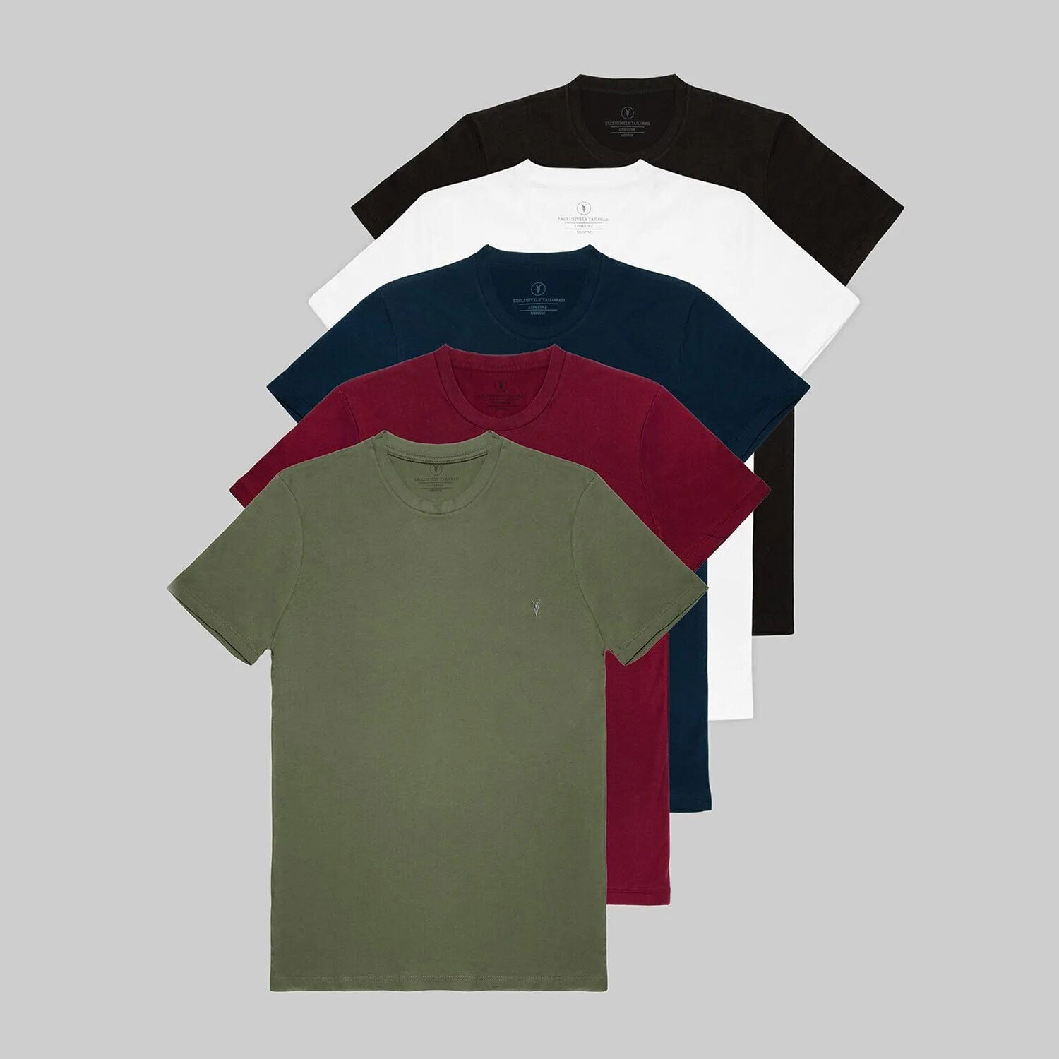 Set of 5 // Crewneck Regular Fit T-Shirts // Black + White + Navy + Burgundy + Olive