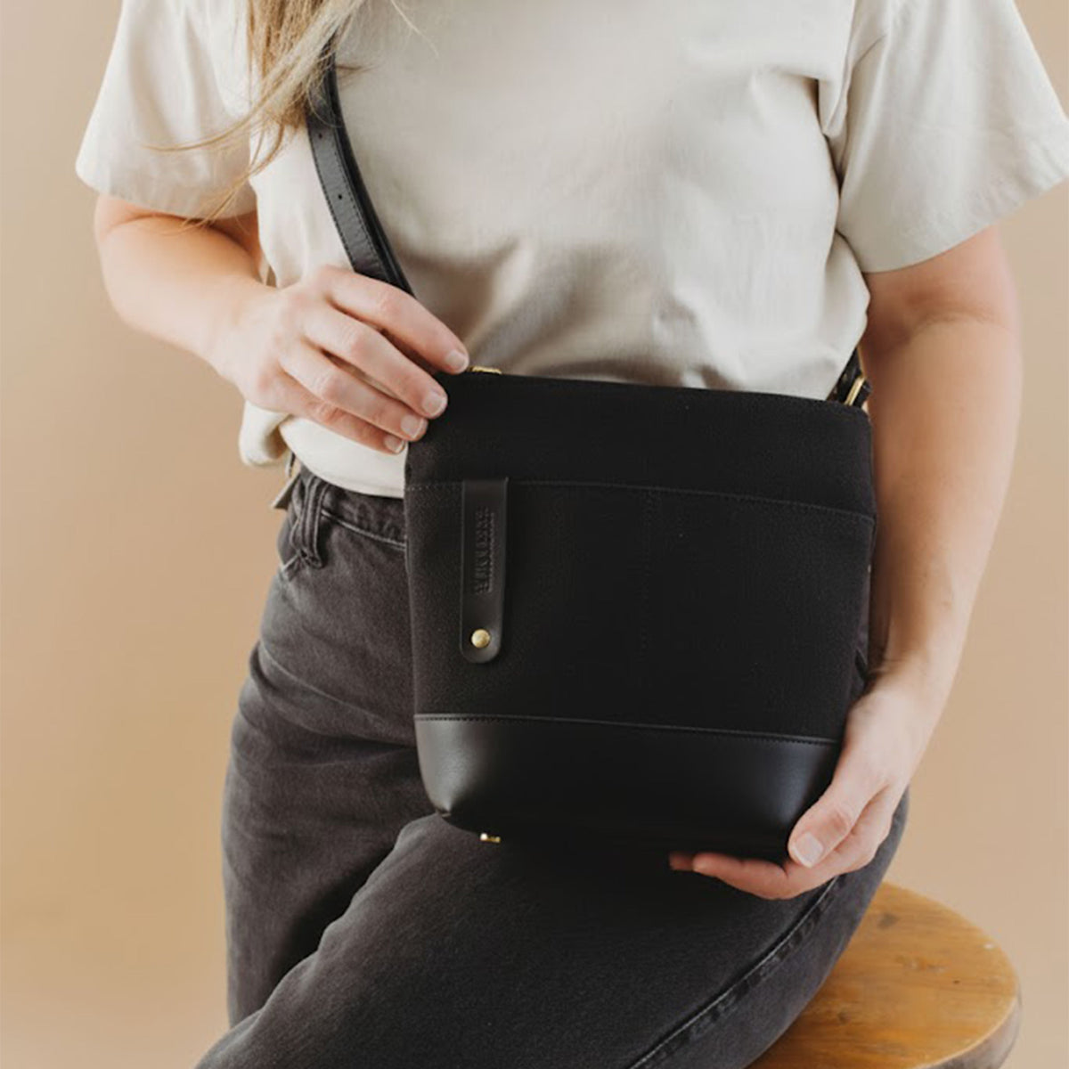 Betsy Bucket Bag | Black Washed Canvas + Black Leather