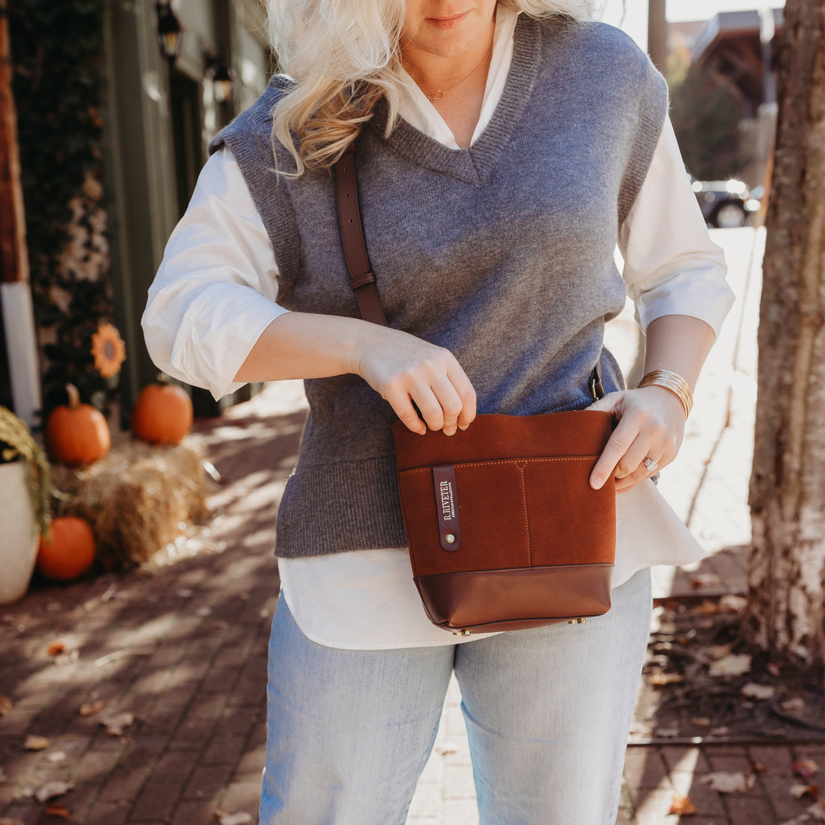 Betsy Bucket Bag | Rust Suede + Brown