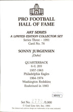 Sonny Jurgensen HOF Autographed Goal Line Art GLAC Postcard Redskins JSA 173876