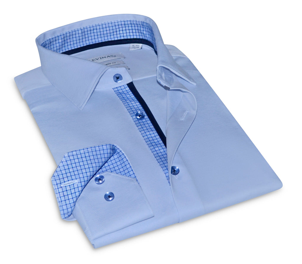 Levy// Cotton Knit-Stretch Button-Up Shirt With Contrast Details // Blue // Tailored Fit (Fitted)