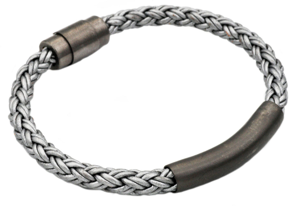 Mens Gray Leather Gunmetal Plated Stainless Steel Bracelet
