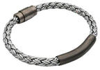 Mens Gray Leather Gunmetal Plated Stainless Steel Bracelet