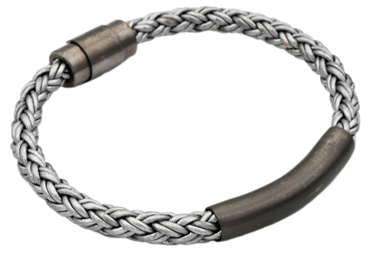 Mens Gray Leather Gunmetal Plated Stainless Steel Bracelet