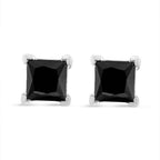 .925 Sterling Silver 4.00 Cttw Princess-Cut Square Black Diamond Classic 4-Prong Stud Earrings with Screw Backs
