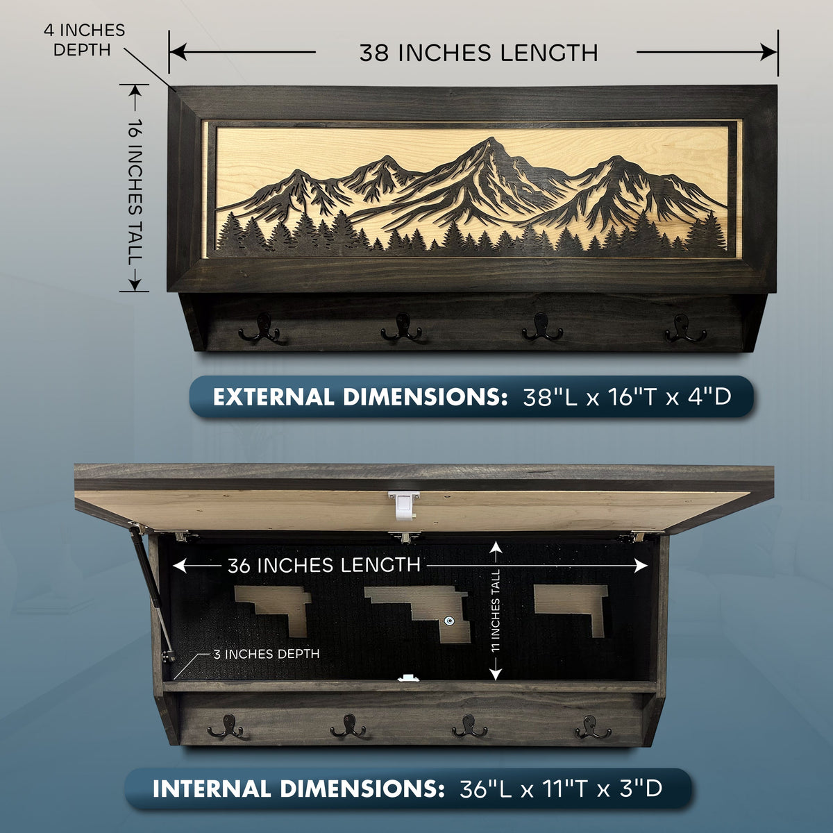 Mountain & Tree Wooden Coat Rack with Hidden Gun Storage Compartment