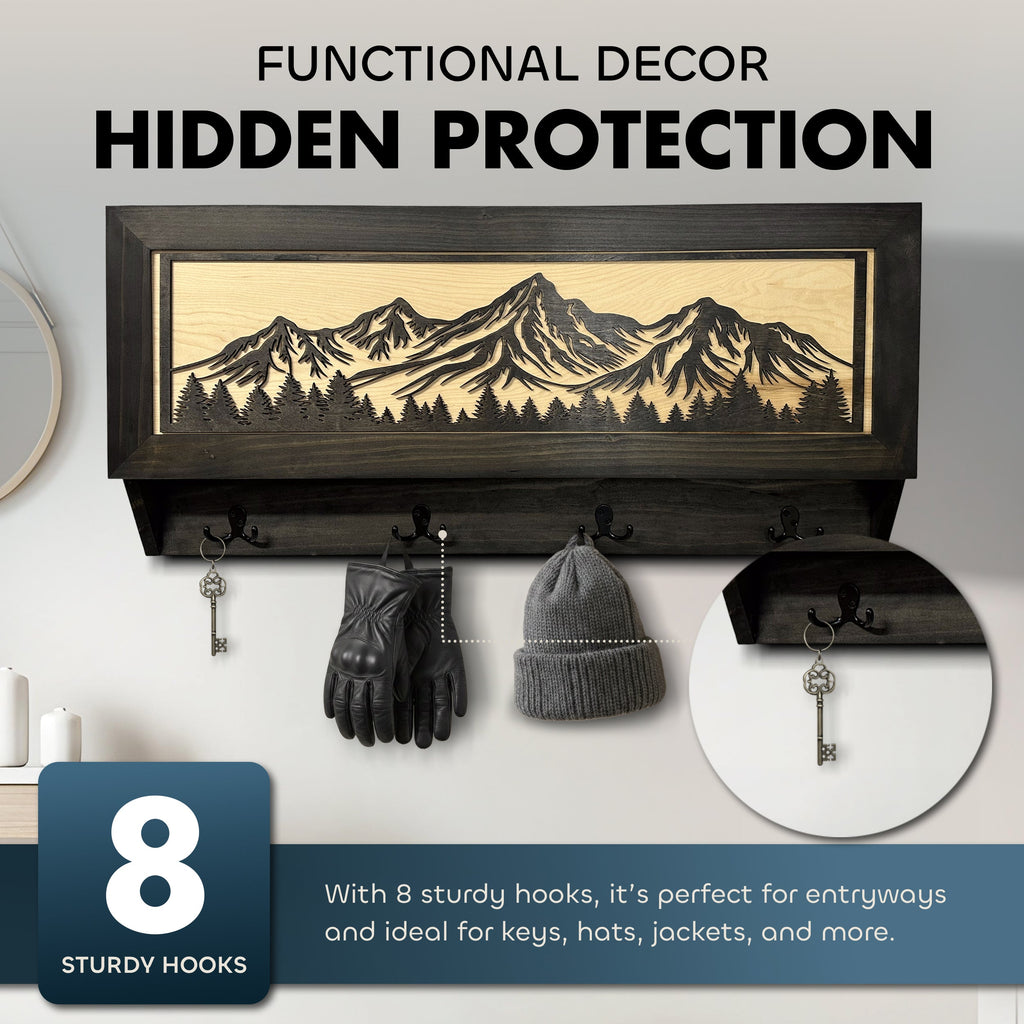 Mountain & Tree Wooden Coat Rack with Hidden Gun Storage Compartment