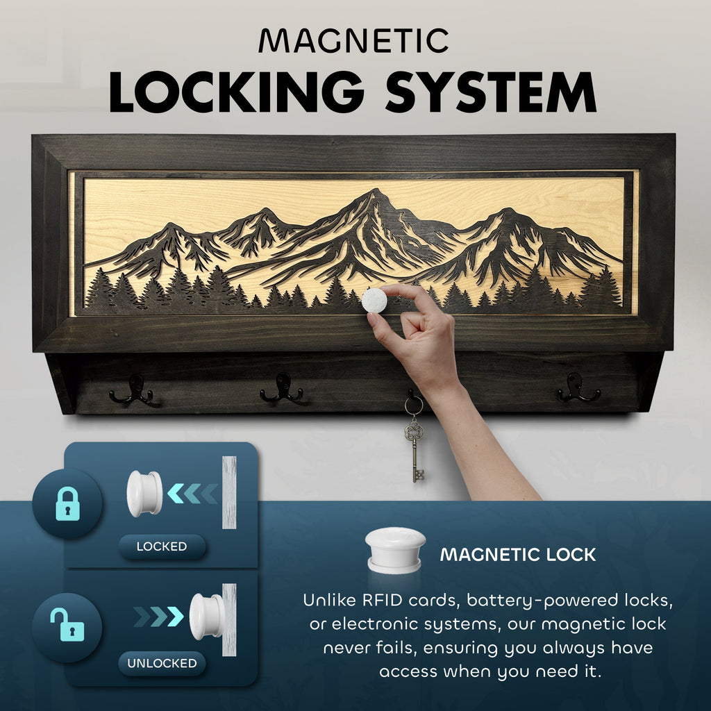 Mountain & Tree Wooden Coat Rack with Hidden Gun Storage Compartment