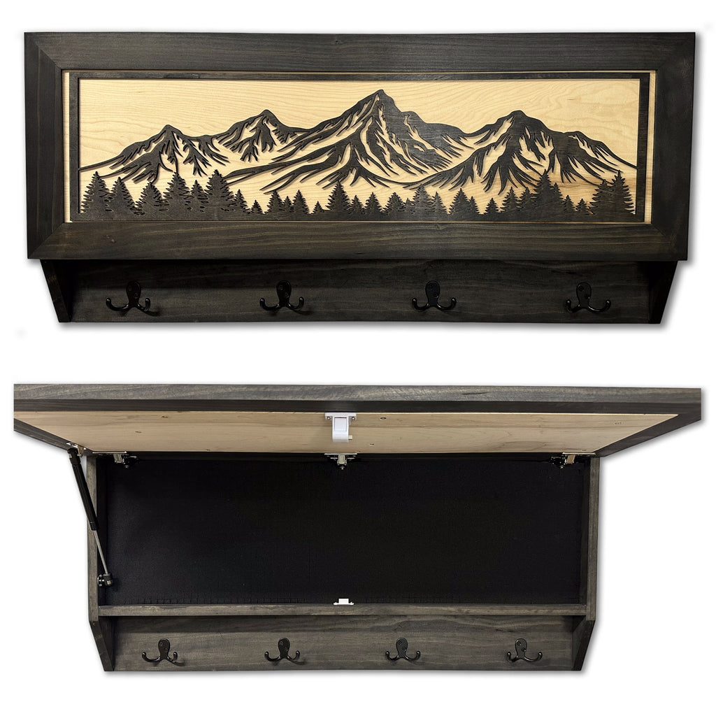 Mountain & Tree Wooden Coat Rack with Hidden Gun Storage Compartment