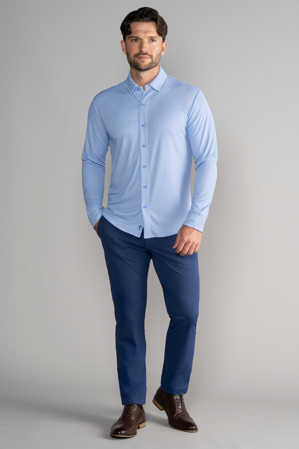 Long Sleeve Button Down Polo Dot // Blue Diamond