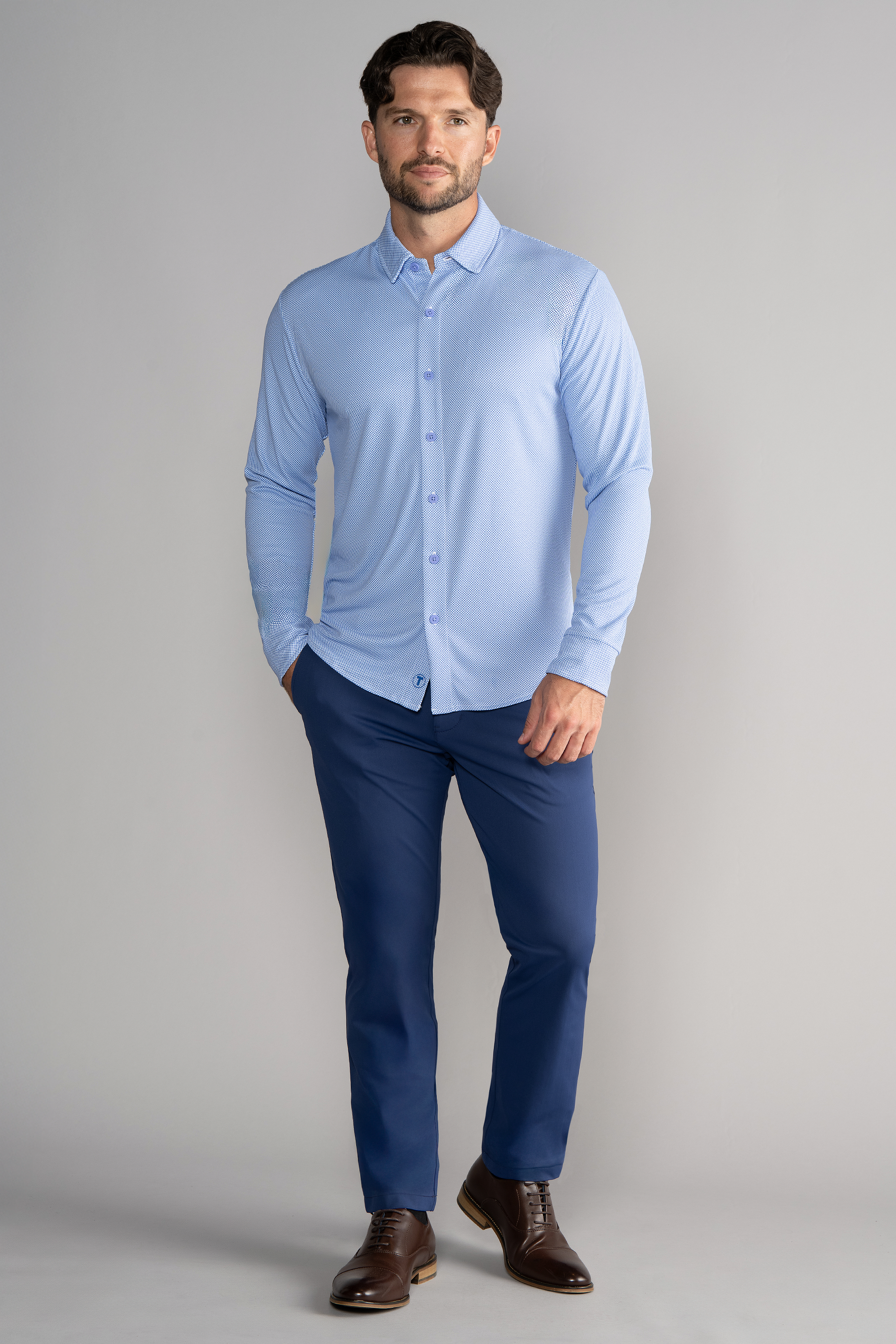 Long Sleeve Button Down Polo Dot // Blue Diamond
