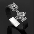 Vikings Wolf Head in Mjolnir Leather Bracelet