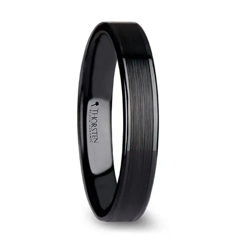 OLIVIA Women’s Flat Black Ceramic Ring with Brushed Center and Polished Edges - 4mm