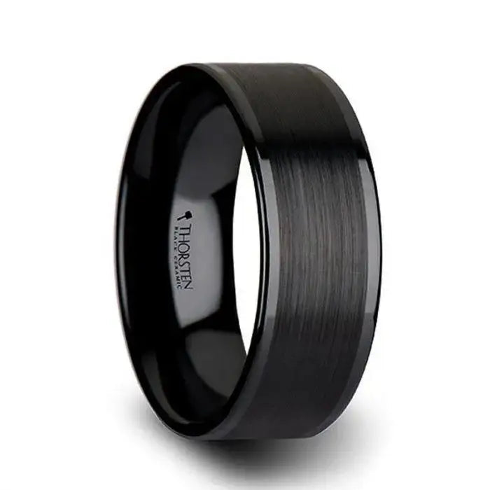 OLIVIA Women’s Flat Black Ceramic Ring with Brushed Center and Polished Edges - 4mm