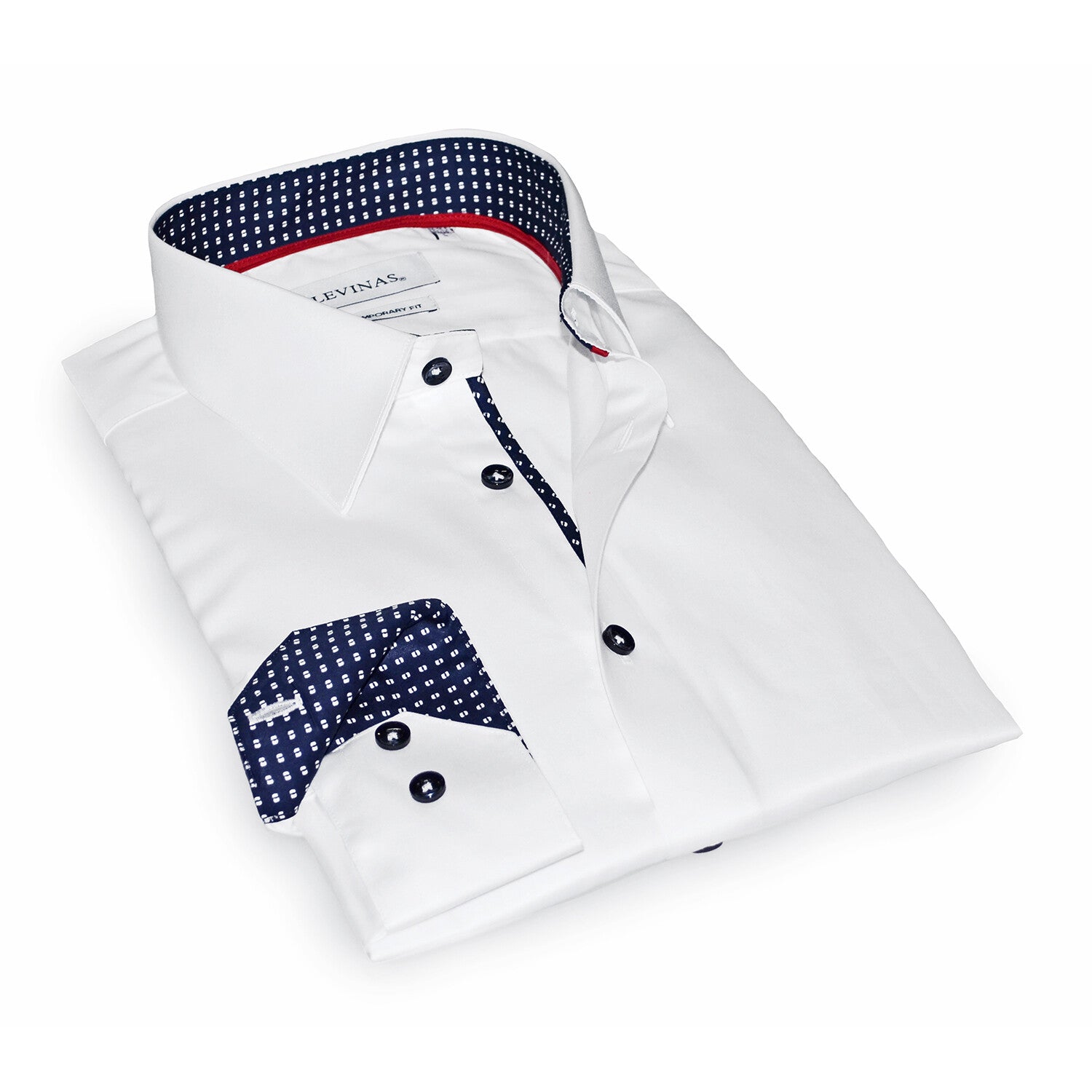 Contrast Collar & Cuff Button Up // White + Navy Dots Trim