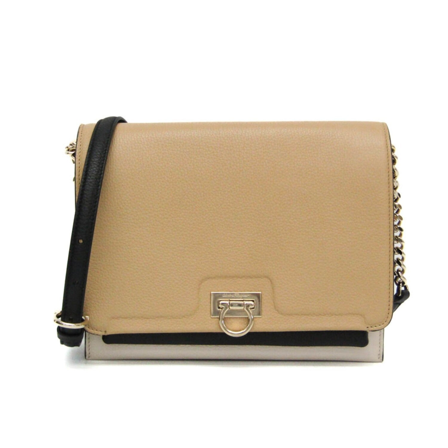 Ferragamo // Leather Gancini Shoulder Bag // Black + Light Beige // Pre-Owned