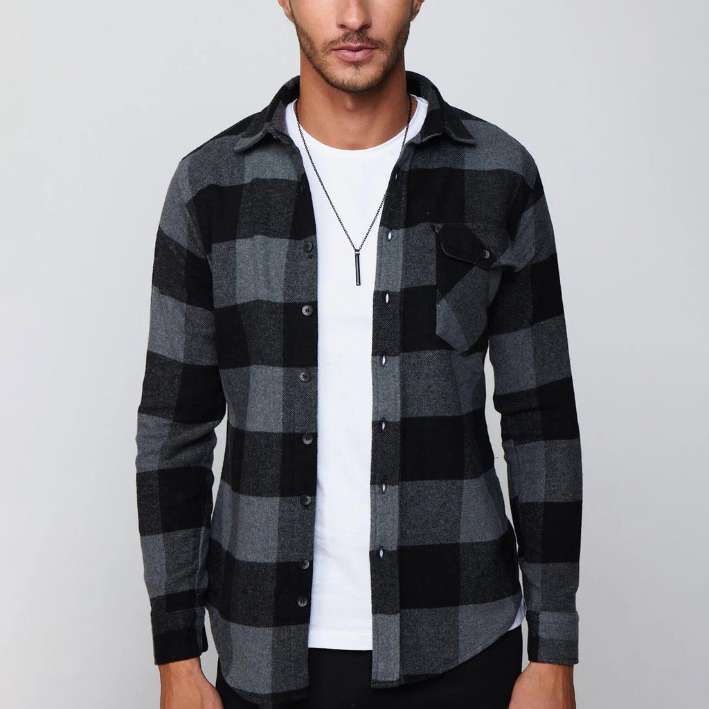 Slim Fit Flap Pocket Checkered Lumberjack Shirt // Black + Grey