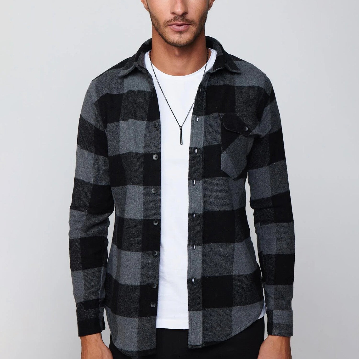 Slim Fit Flap Pocket Checkered Lumberjack Shirt // Black + Grey
