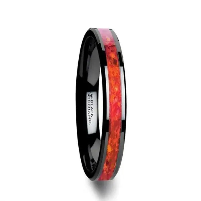 NOVA Black Ceramic Wedding Band with Beveled Edges and Red Opal Inlay - 4mm - 8mm