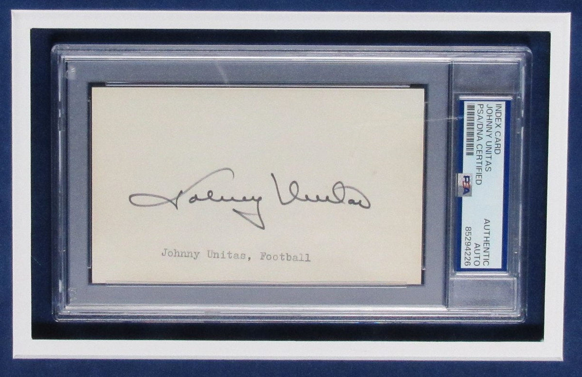 Johnny Unitas HOF Signed 3x5 Index Card w/ Photo Colts Framed PSA/DNA 191614