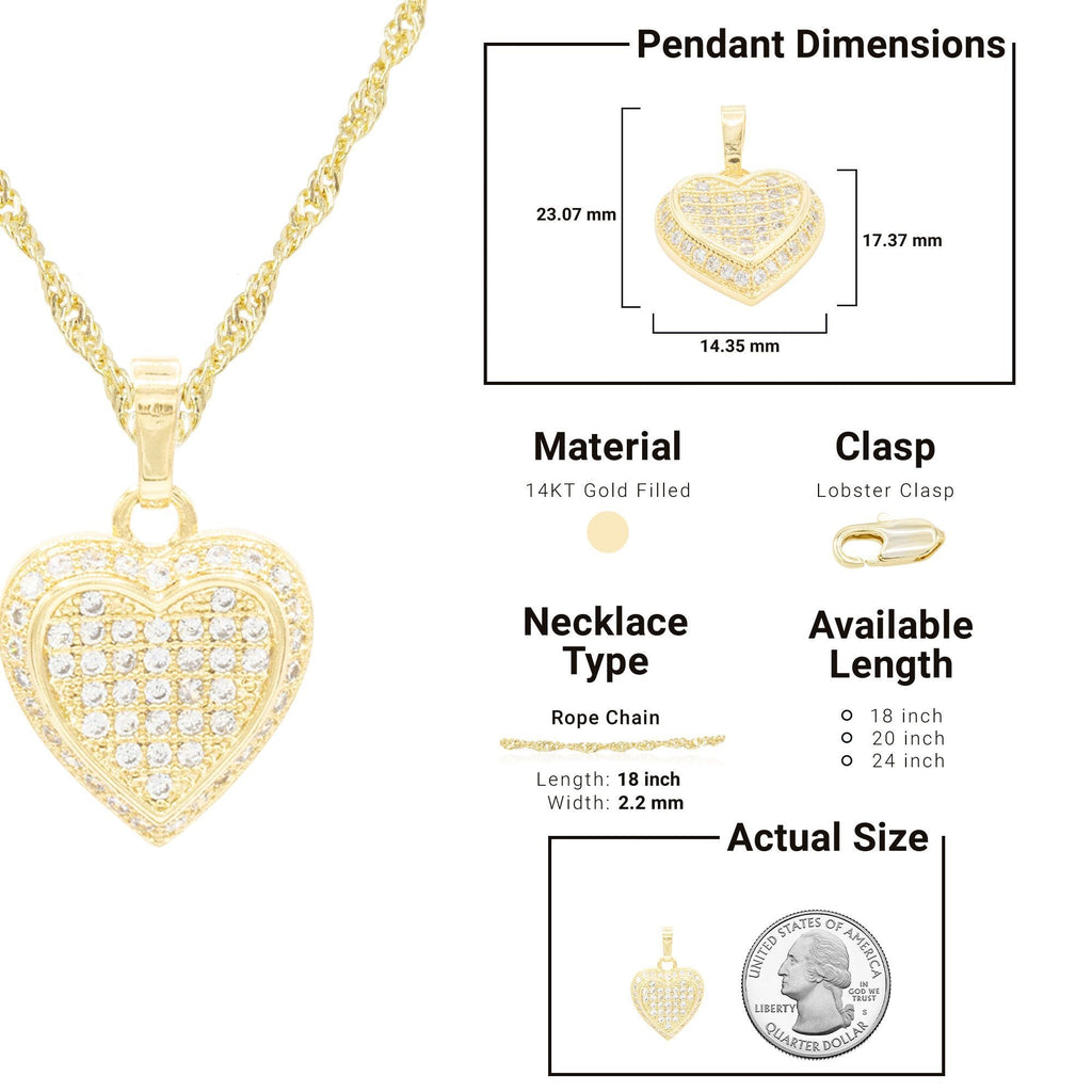 Cubic Zirconia 14K Gold Filled Circled Heart Pendant Necklace Set