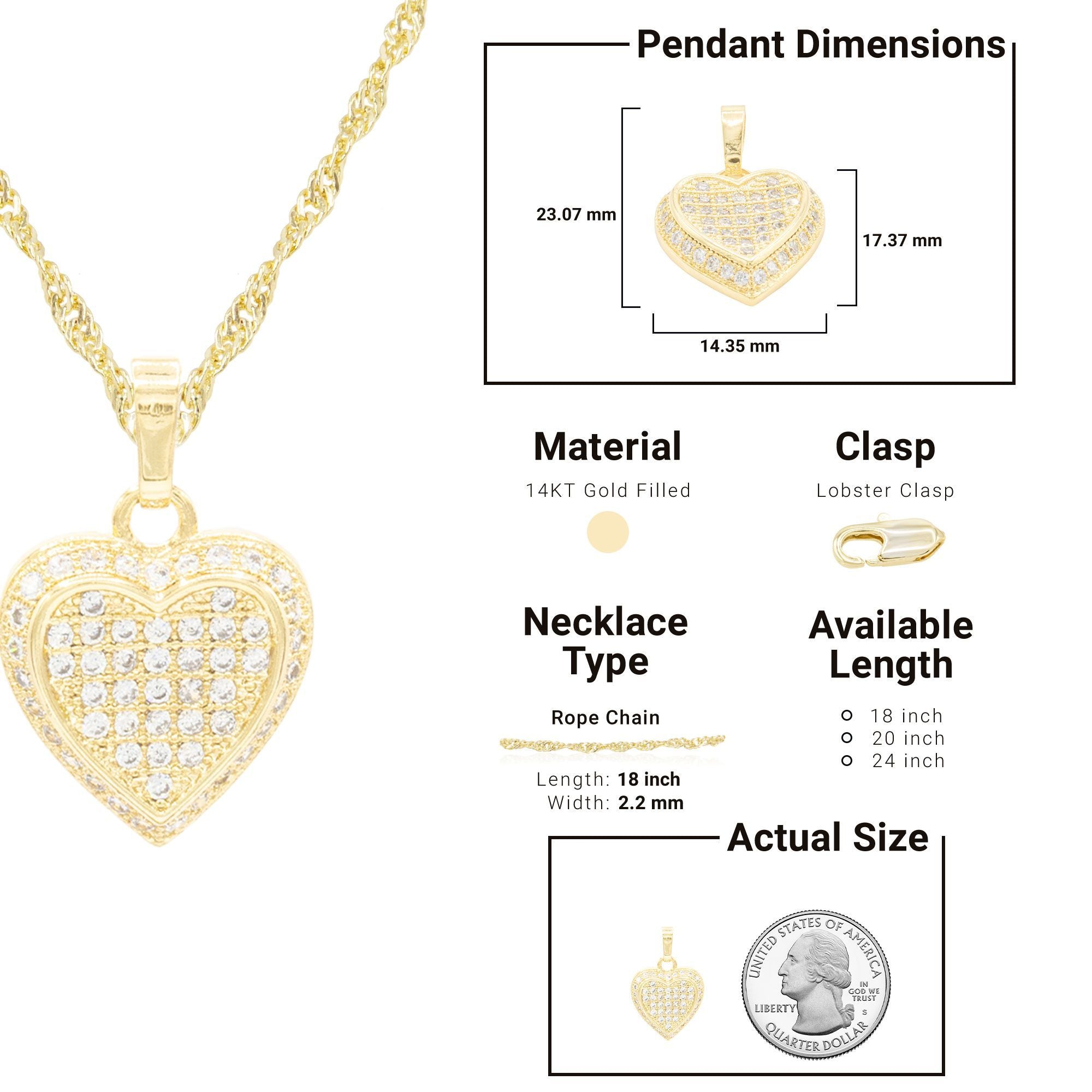 Cubic Zirconia 14K Gold Filled Circled Heart Pendant Necklace Set