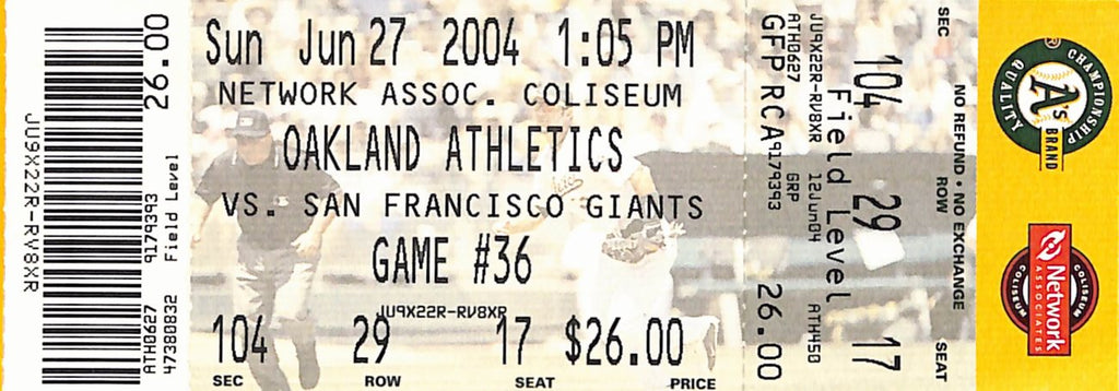 Barry Bonds Homerun #677 Run Scored #2000 Full Ticket Giants 6/27/2004 187606