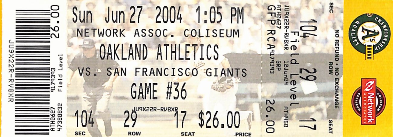 Barry Bonds Homerun #677 Run Scored #2000 Full Ticket Giants 6/27/2004 187606