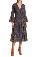 Veronica Beard Shireen Pleated Floral Long Sleeve Midi Dress in Ink Multi, Size 4