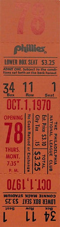 October 1, 1970 Full Ticket Final Game Phillies Connie Mack Stadium 187842