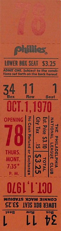 October 1, 1970 Full Ticket Final Game Phillies Connie Mack Stadium 187842