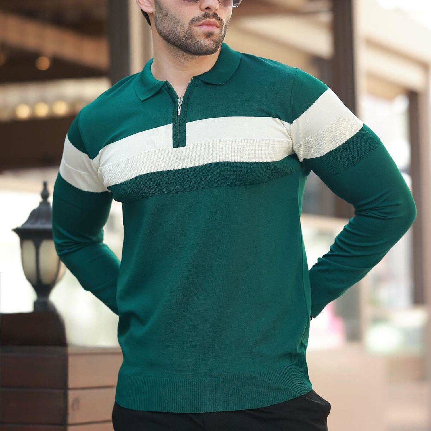 Chest Striped Quarter-Zip Polo Sweater // Green